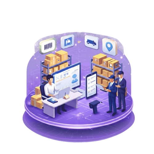 Inventory management - isometric warehouse with dashboards, barcode scanning, delivery, and location tracking